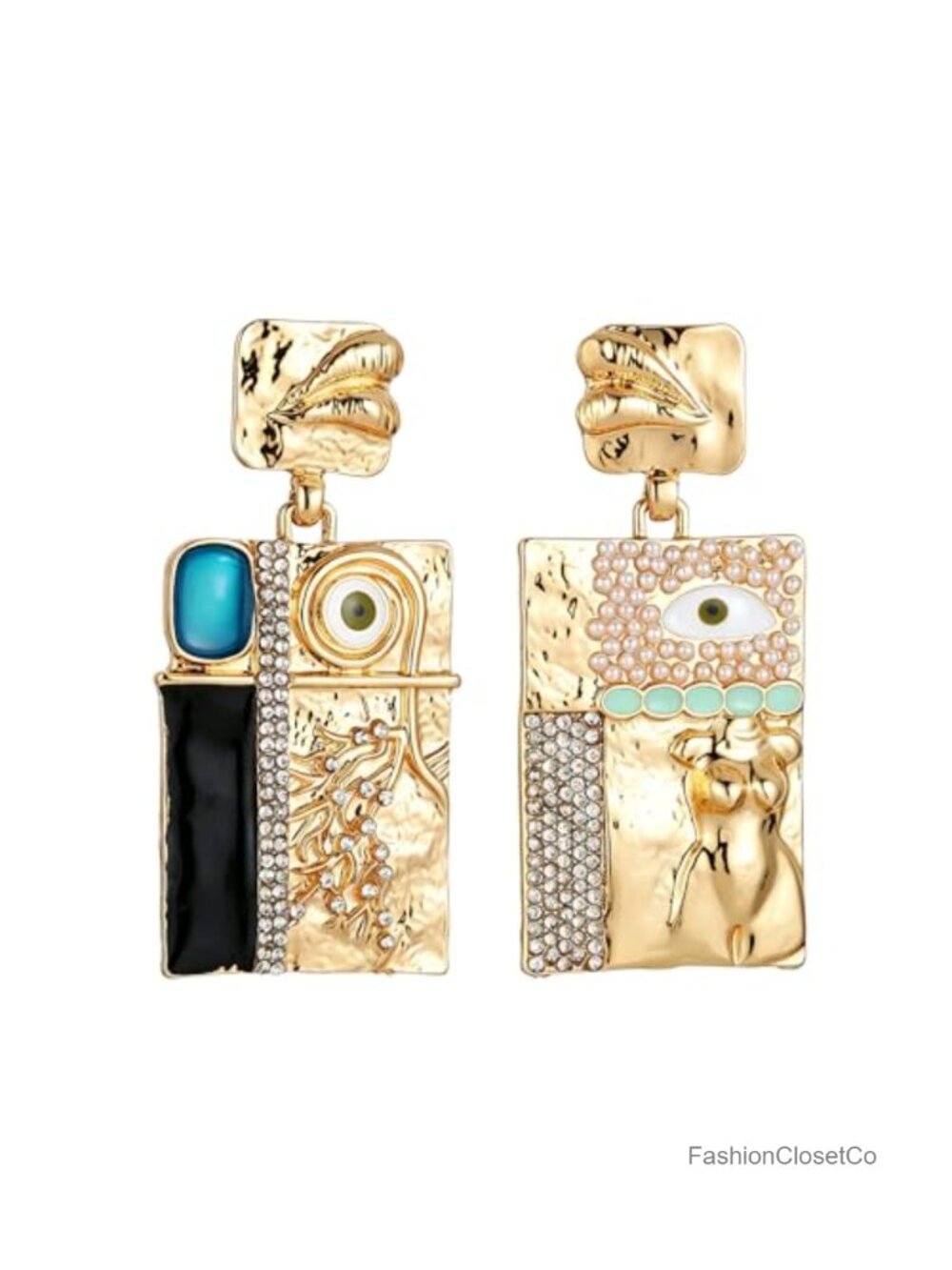 Gold Plated Alloy Cubism Abstract Art Dangle Earrings Hammered Statement